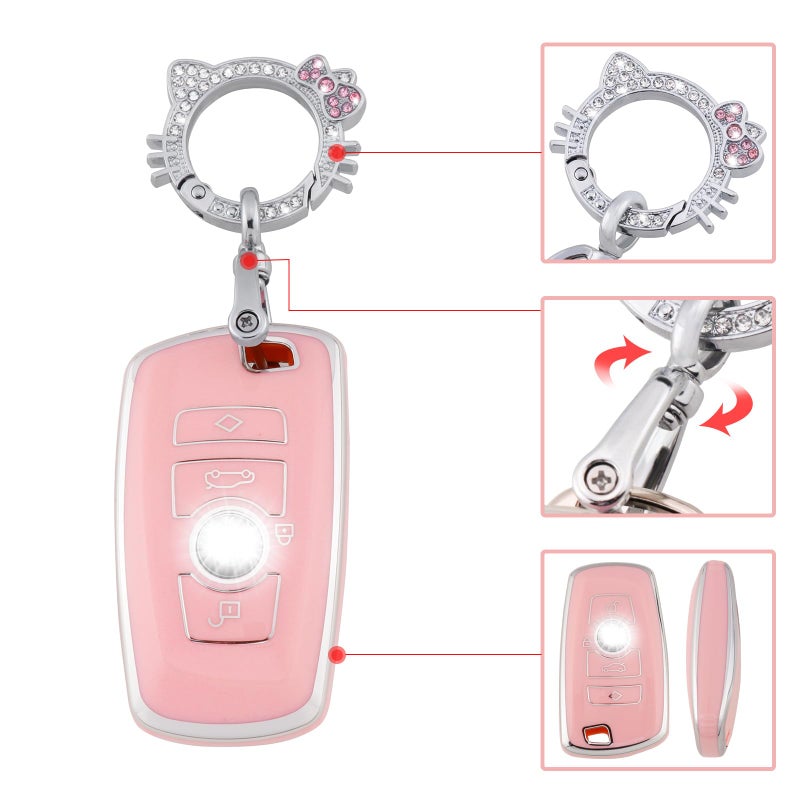 Pangpai Pink Key Fob Cover for BMW, Soft TPU Key Case Protection with Bling Keychain Fit for BMW 2 5 6 7 X1 X2 X3 X5 X6 Series - Image 4